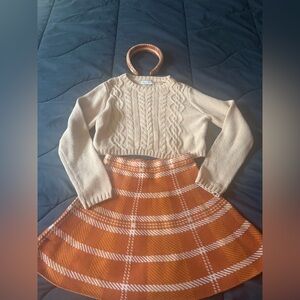 cupcakes & cashmere Beige Sweater and Orange Plaid Skirt Set